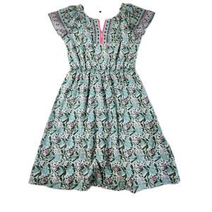 Talbots Floral Voile Fit & Flare Dress Lined Sz 10 Green Pink Cap Sleeves Beachy